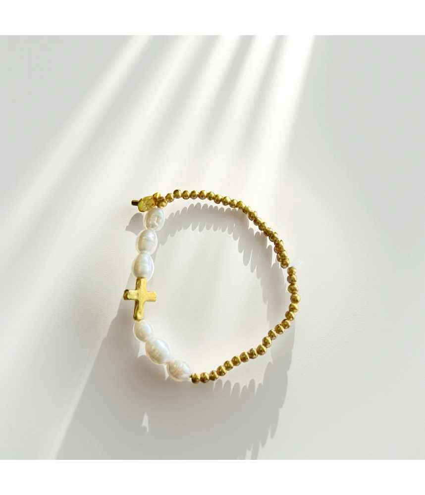Pulsera Perla de Río con Cruz