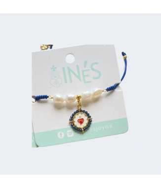 Pulsera Azul con Perla de Río y Sagrado Corazón
