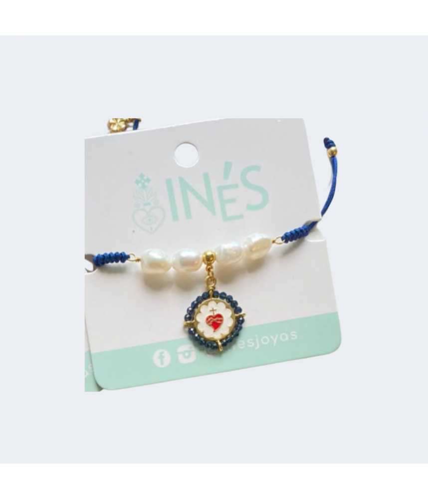 Pulsera Azul con Perla de Río y Sagrado Corazón