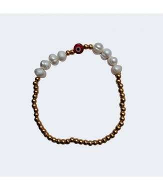 Pulsera Protección Perla de Río Y Ojo Turco Rojo