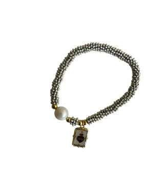 Pulsera Gris Claro Perla con Sagrado Corazón